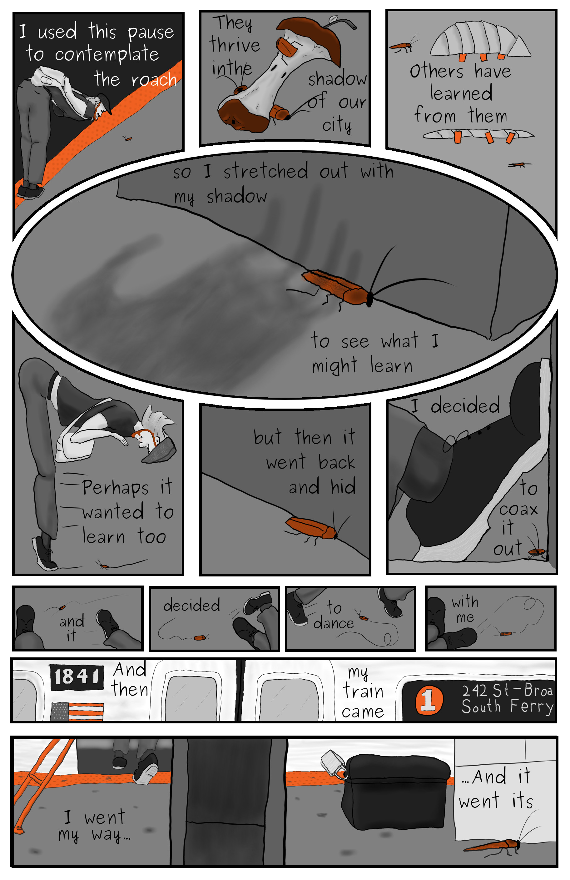 A thirteen panel comic page featuring Phillip Gerba dancing with a cockroach on a NYC subway platform, followed by the 1 train arriving and Phillip and the cockroach going their separate ways.
