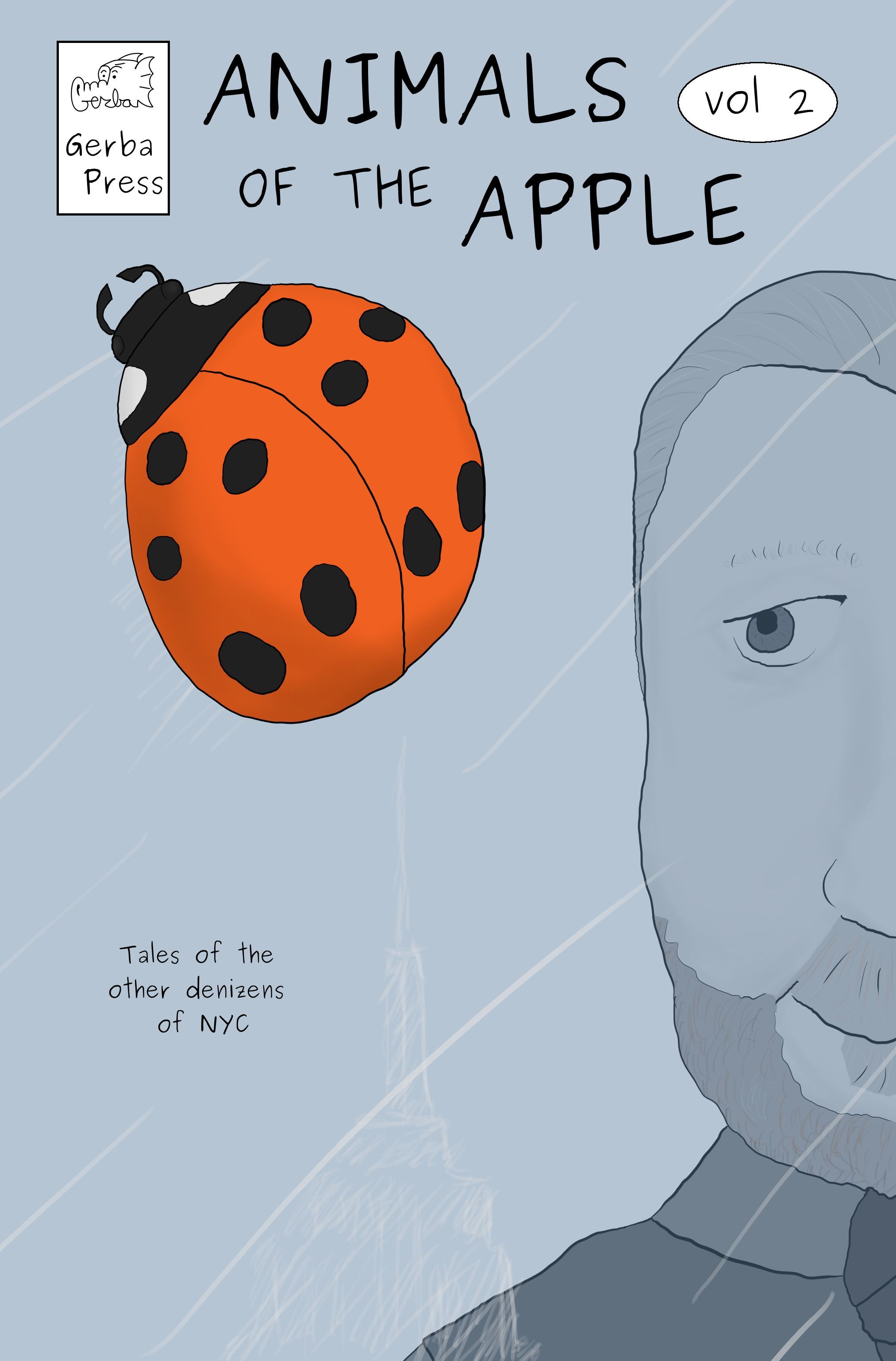 The cover of a comic featuring  Phillip Gerba looking at a ladybug on the other side of a pane of glass with the Empire State Building being reflected in glass.
