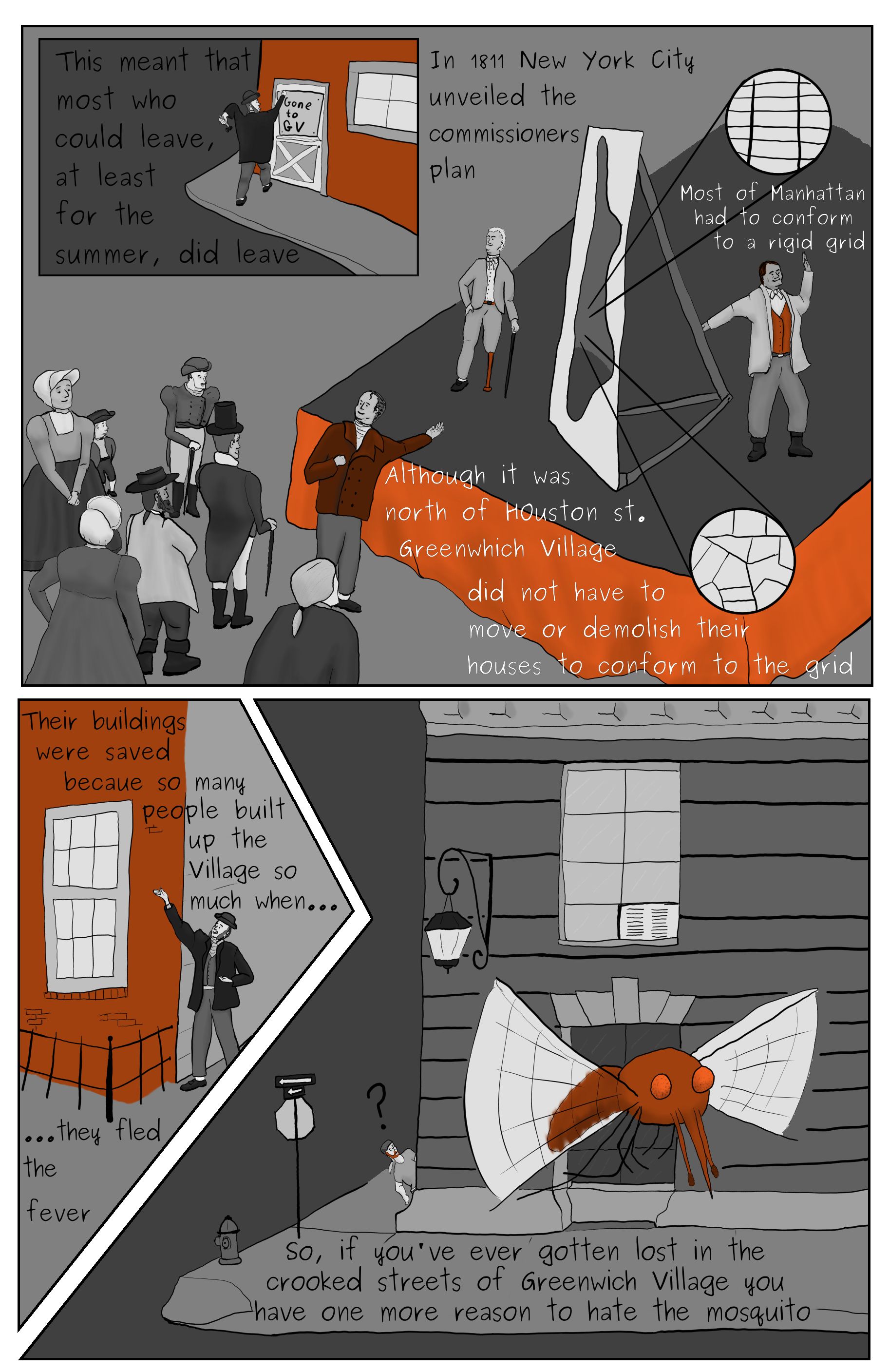 A four panel comic page featuring, an eighteenth century new yorker selling his NYC property to move to Greenwich Village, the unvieling of the commisionrs plan of 1811, the 18th century new yorker showing off band new home in Greenwich Village, and a confused Phillip Gerba peaking around a west village corner with mosquito in forground..