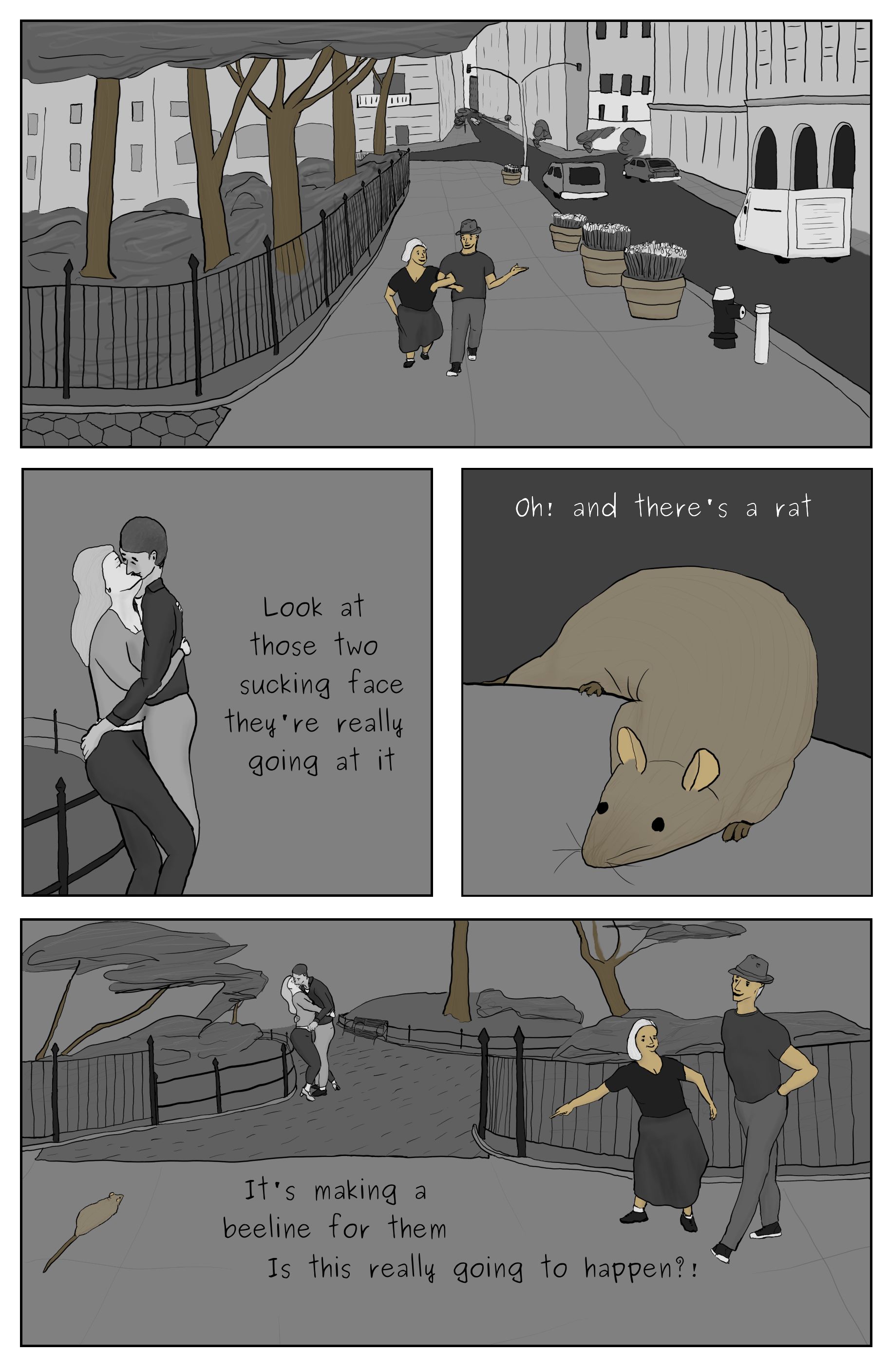 A comic featuring a scene near Madison Square Park with Phillip Gerba and Shannon Haddock laughing, a young couple making out, a rat climbing onto the sidewalk from the curb, and a scene where Shannon Haddock is pointing out that the rat is headed straight toward the couple making out.