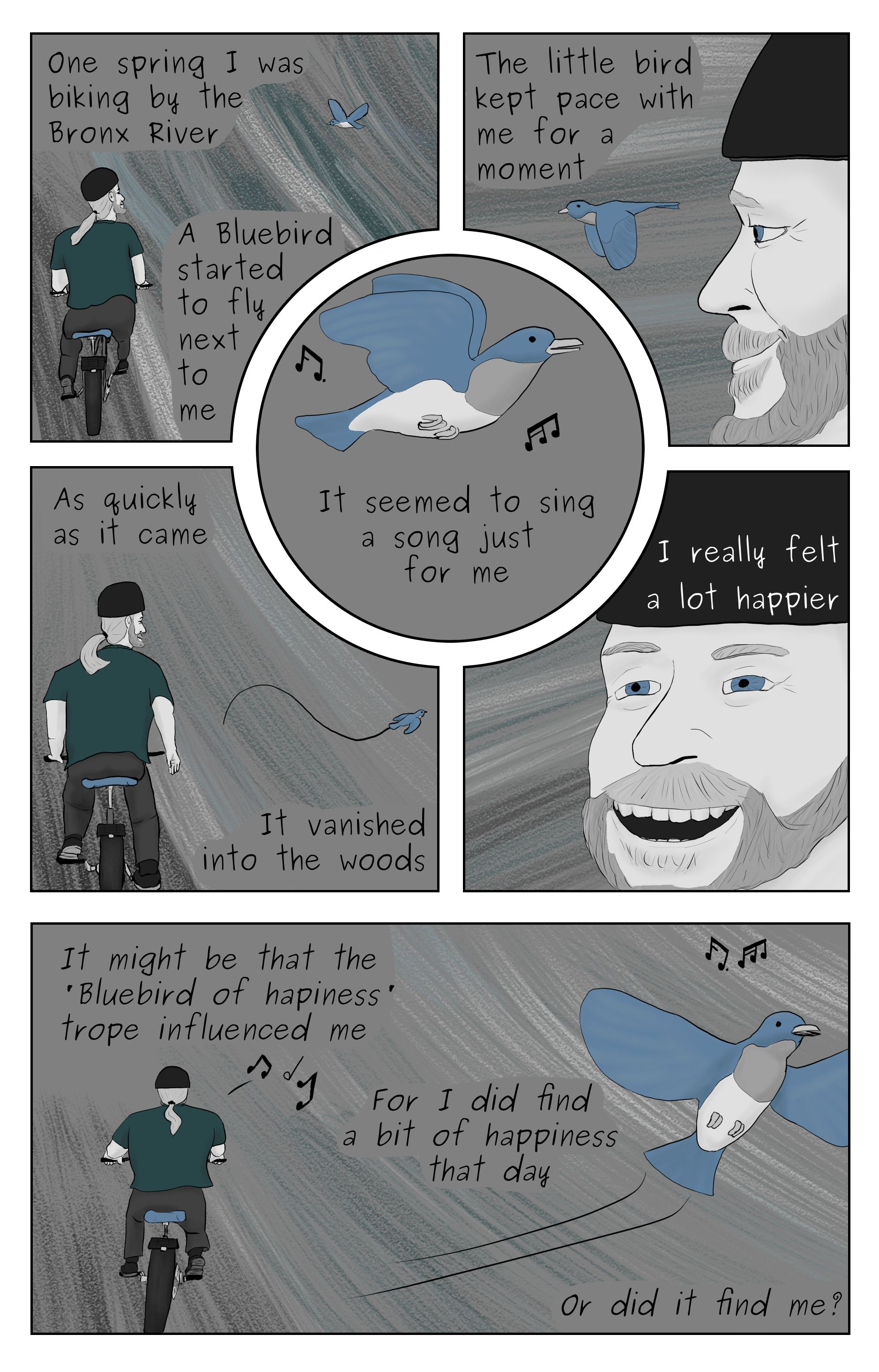 A comic featuring Phillip Gerba riding his bicycle as a blue bird sings a song then flys off into the brush, and Phillip singing a song to himself.