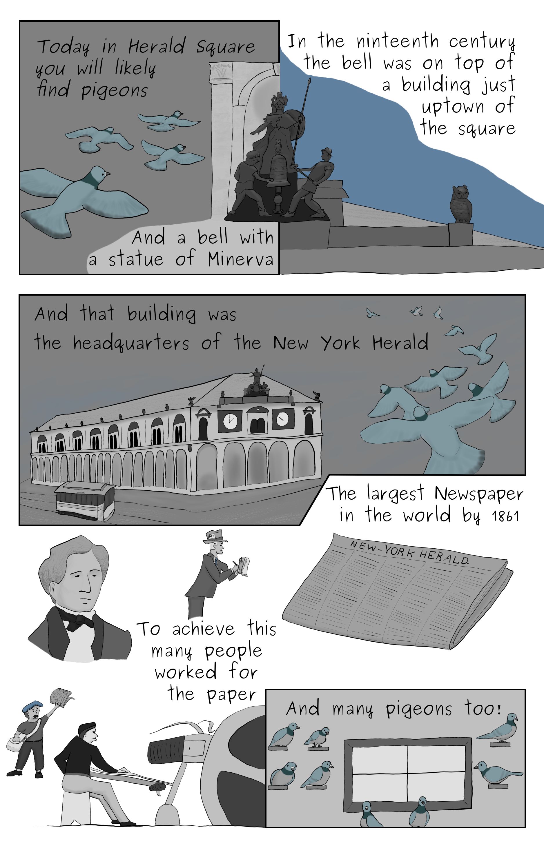 A comic featuring the statue of Mirnerva split between it's current locaton in Herald Square and it's old locaton on the new York Herald building, a long shot of the old Herald building, newspaper operatons of the ninteenth and early twentieth centuries, and a pigeon coop.