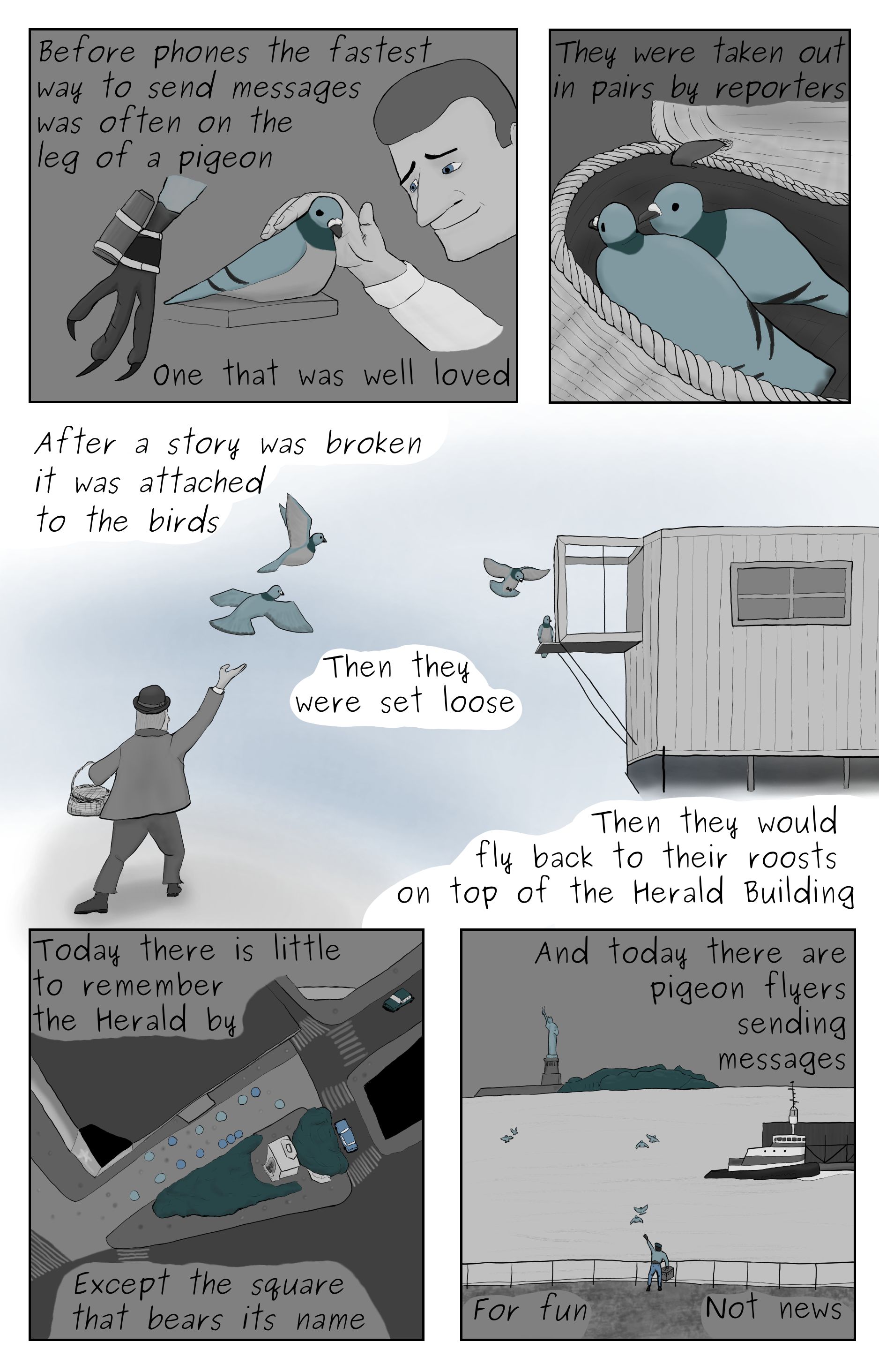 A comic featuring a pigeon's leg with a message canister attached, a cartaker petting a pigeon, a pair of pigions in a basket, a reporter releasing a pair of pigeons that then return to the roost, as well as an arial view of Herald Square and a modern pigeon keeper releasing his birds.