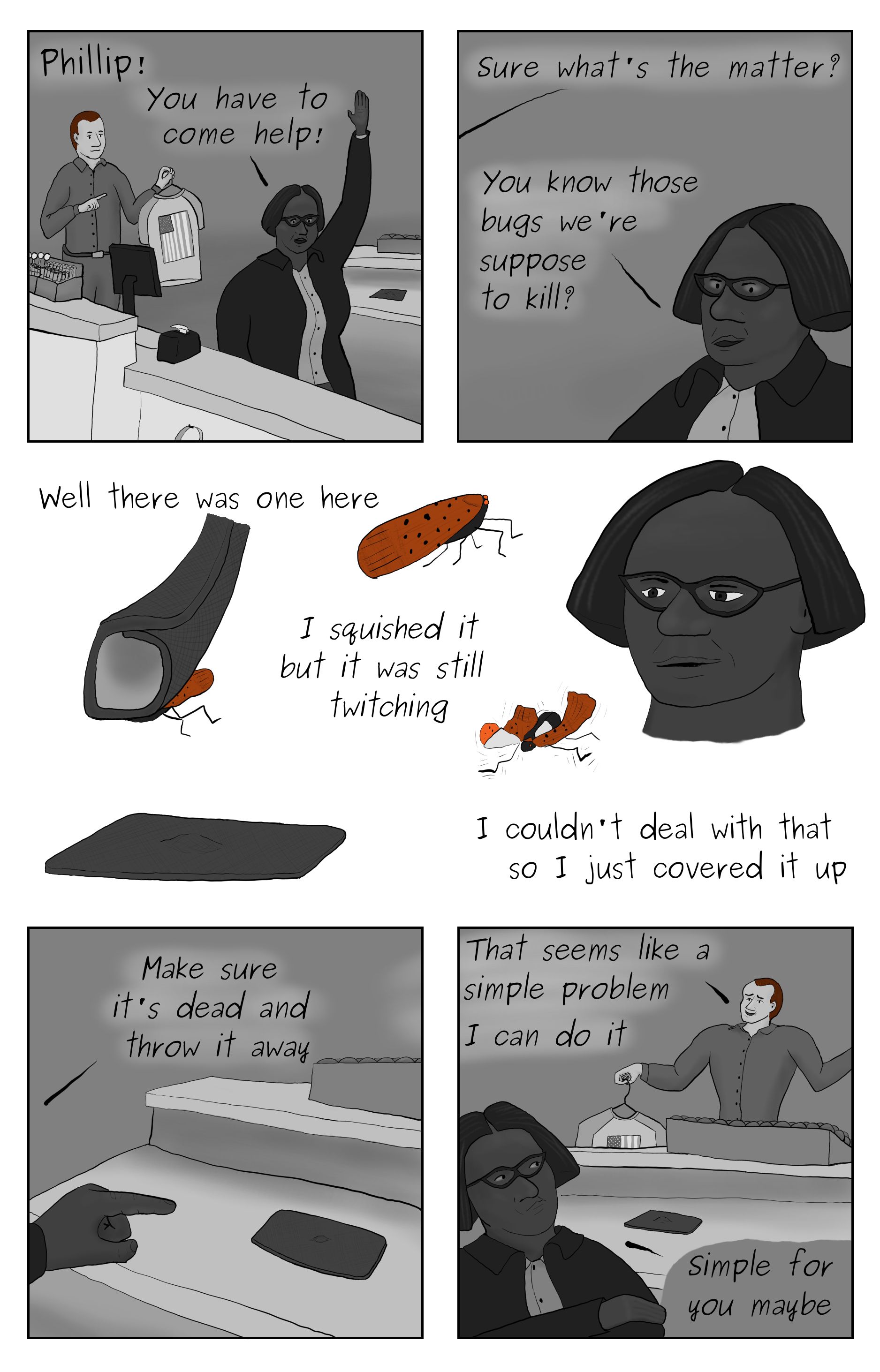 A comic featuring a giftshop keeper caling over Phillip, and explaining how she as a lanternfly that she would like Phillip to discard. A shopper offers to discard the lanternfly in the last panel.